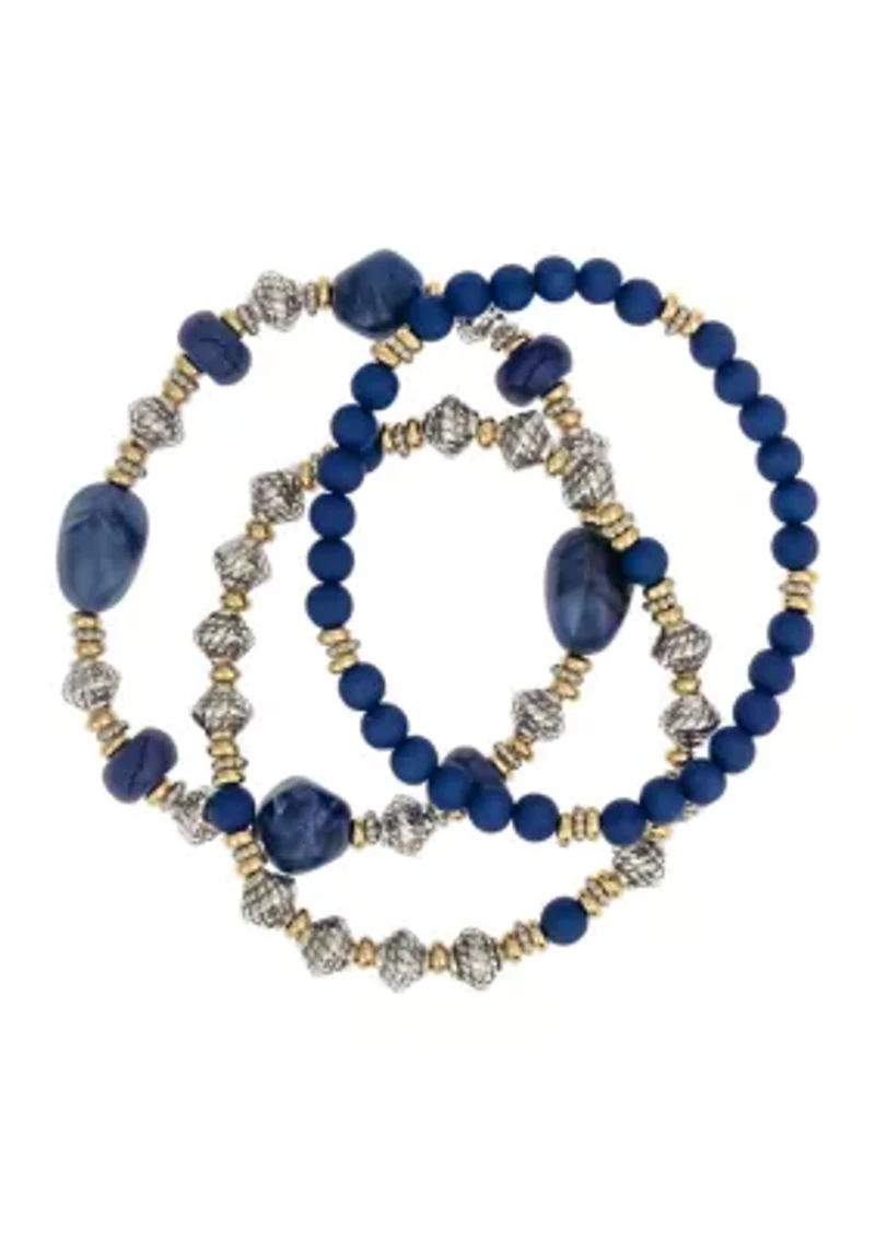 Two Tone 3 Row Multi Blue Beaded Stretch Bracelet Set