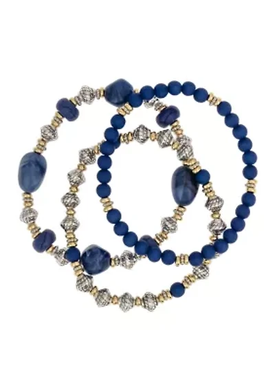 Two Tone 3 Row Multi Blue Beaded Stretch Bracelet Set