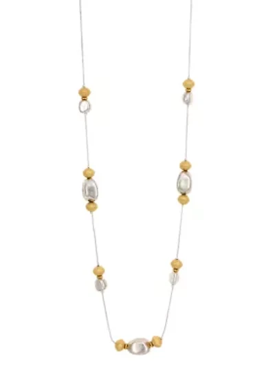 Two Tone Long Linked Neutral Metal Beaded Disc Station Necklace