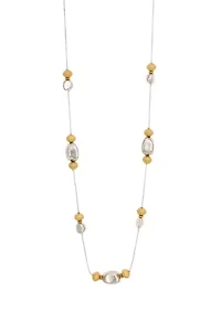 Two Tone Long Linked Neutral Metal Beaded Disc Station Necklace