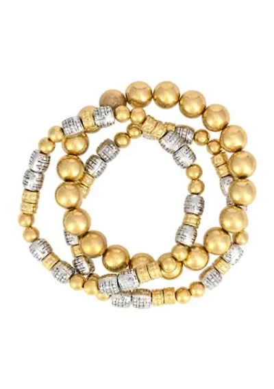 Two Tone 3 Row Metal Beaded Stretch Bracelet - Set of 3