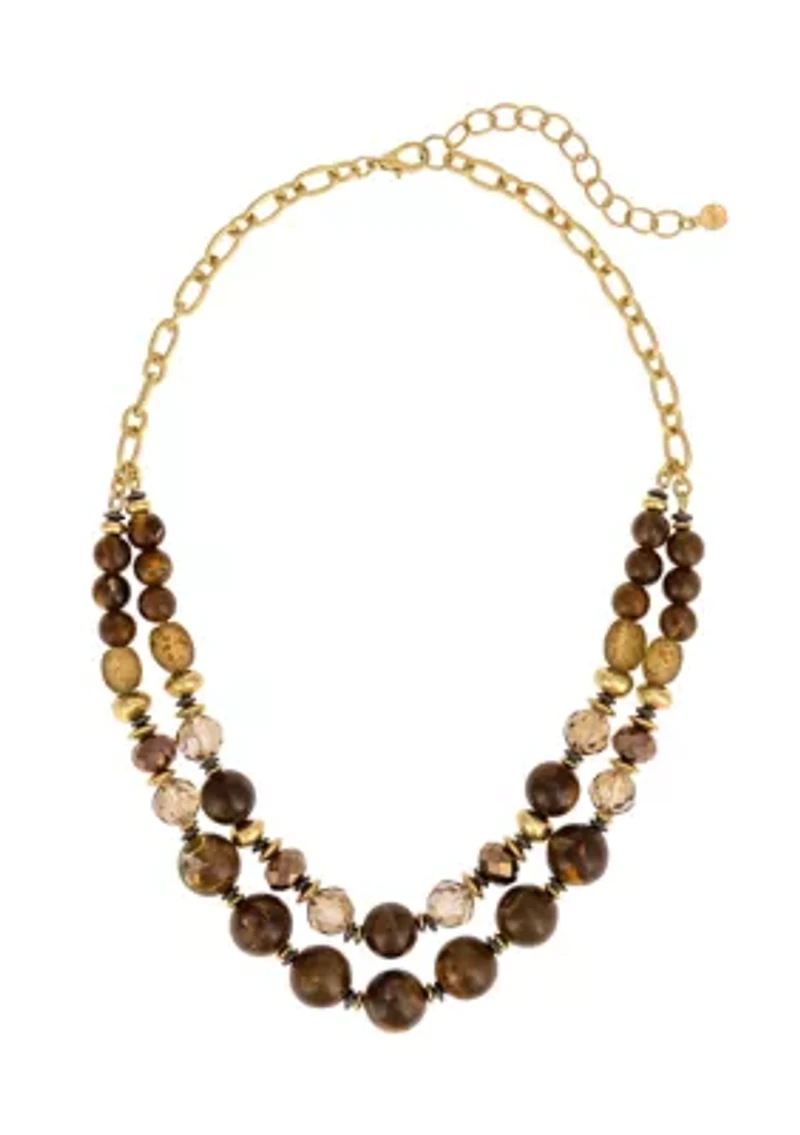 Gold Tone Double Row Neutral Beaded Necklace