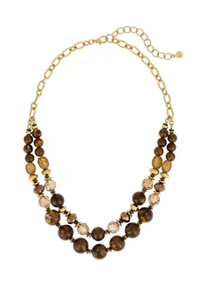 Gold Tone Double Row Neutral Beaded Necklace