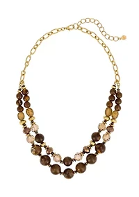 Gold Tone Double Row Neutral Beaded Necklace