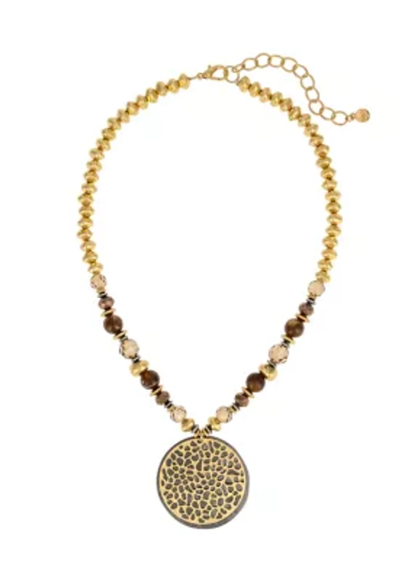 Two Tone Short Layered Double Disc Pendant with Neutral Bead Accents Necklace
