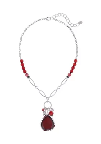 Silver Tone Short Framed Red Teardrop Pendant with Cluster Bead drops on Chain with Red Accent Beads Necklace