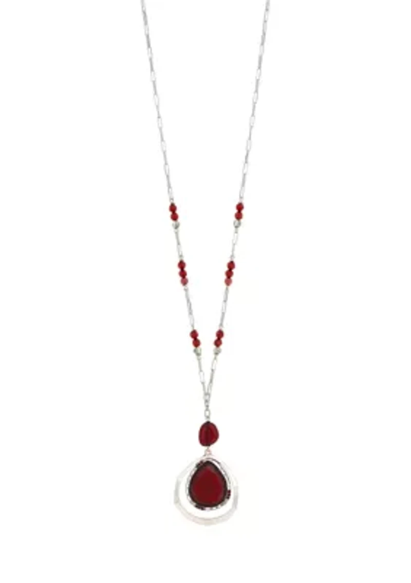 Silver Tone Long Red Bead Station Pendant Necklace