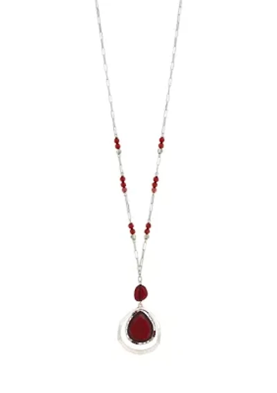 Silver Tone Long Red Bead Station Pendant Necklace