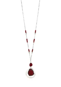 Silver Tone Long Red Bead Station Pendant Necklace