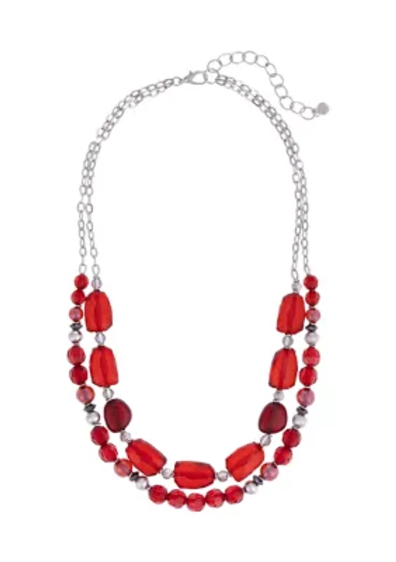 Silver Tone Short 2 Row Red Chunky Bead Necklace