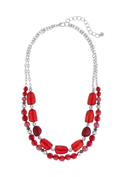 Silver Tone Short 2 Row Red Chunky Bead Necklace