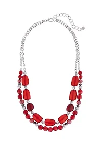 Silver Tone Short 2 Row Red Chunky Bead Necklace