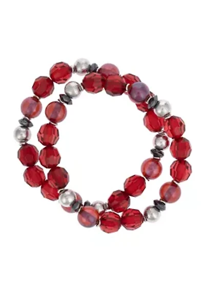 Silver-Tone 2 Row Red Beaded Stretch Bracelet Set