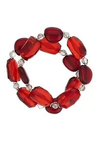 Silver Tone 2 Row Red Chunky Beaded Stretch Bracelet Set