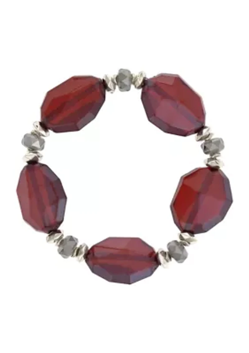 Silver-Tone Single Row Red Chunky Bead Stretch Bracelet