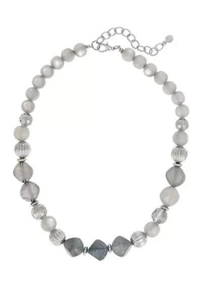 Silver Tone One Row Short  Grey Beaded Necklace