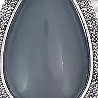 Silver Tone Short Framed Grey Teardrop Pendant with Linked Bead Frontal Necklace