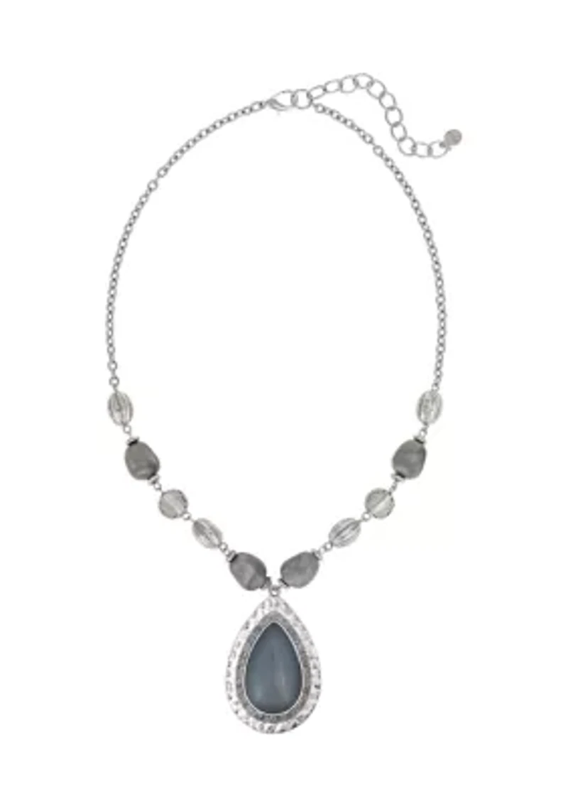 Silver Tone Short Framed Grey Teardrop Pendant with Linked Bead Frontal Necklace