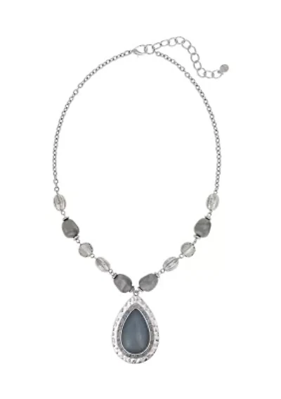 Silver Tone Short Framed Grey Teardrop Pendant with Linked Bead Frontal Necklace