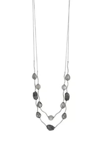 Silver tone Two Row Long Grey Bead Station Swag Necklace