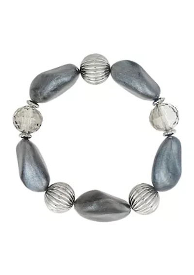 Silver Tone One Row Chunky Grey Beaded Stretch Bracelet