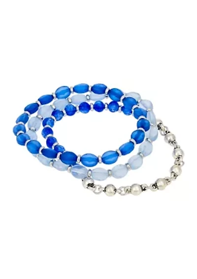Silver-Tone 3 Row Blue Multi and Metal Beaded Stretch Bracelet Set
