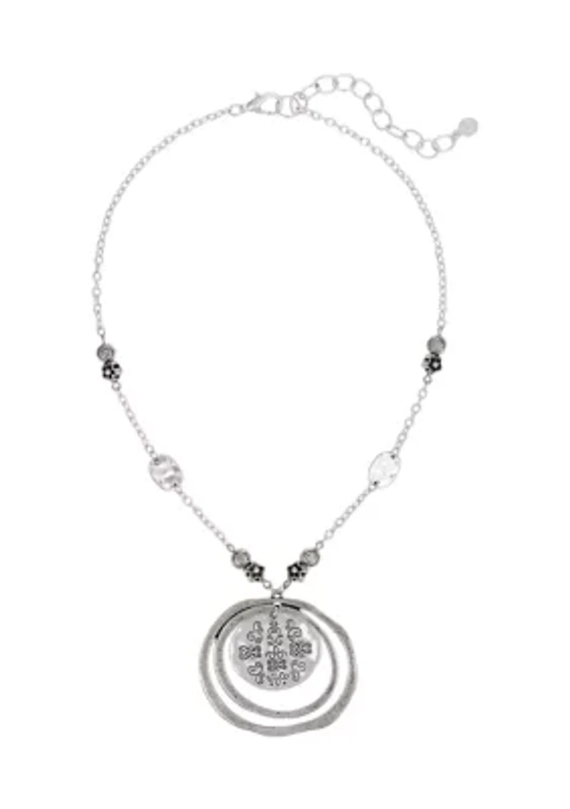 Silver-Tone Short Etched Round Disc Orbital Pendant Necklace