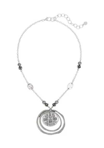 Silver-Tone Short Etched Round Disc Orbital Pendant Necklace