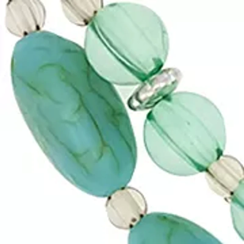 2 Row Bead/Chain Short Aqua Shell Round Pendant with Filigree Metal Disc Overlay Necklace