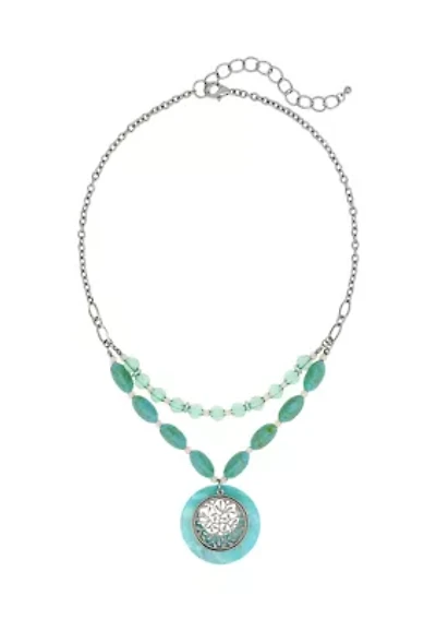 2 Row Bead/Chain Short Aqua Shell Round Pendant with Filigree Metal Disc Overlay Necklace