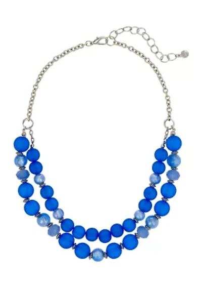 Silver-Tone 2 Row Short Blue Multi Beaded Necklace