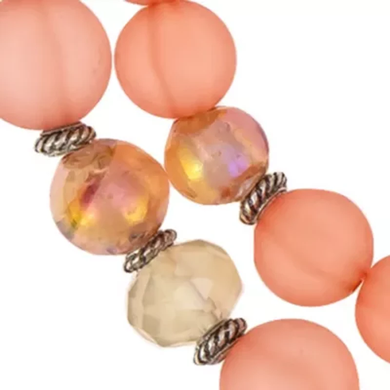 Silver Tone 2 Row Coral Beaded Necklace 