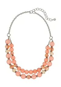 Silver Tone 2 Row Coral Beaded Necklace 