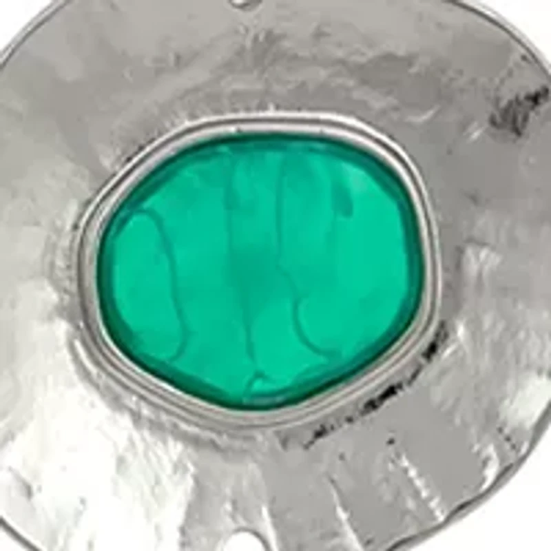 Long Round Metal Double Disc Pendant with Aqua Center Stone Necklace