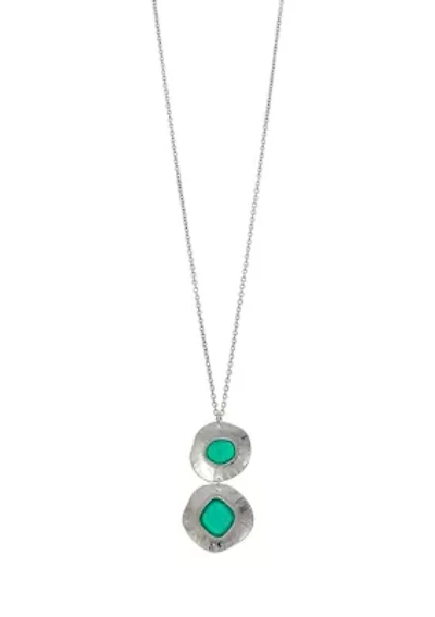 Long Round Metal Double Disc Pendant with Aqua Center Stone Necklace