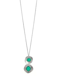 Long Round Metal Double Disc Pendant with Aqua Center Stone Necklace