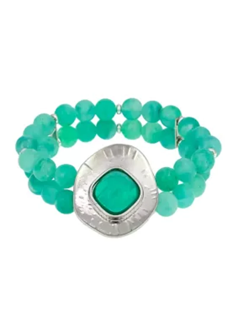 2 Row Aqua Beaded with Framed Aqua Stone Center Accent Stretch Bracelet