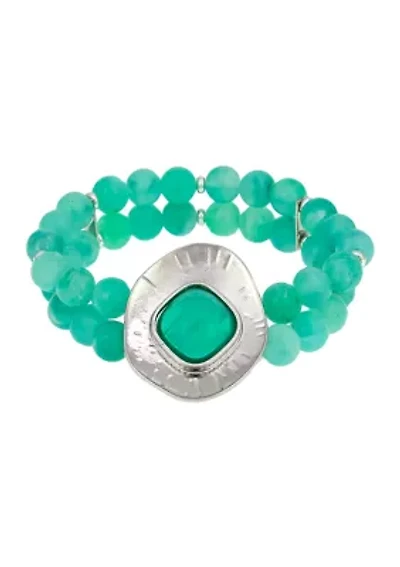 2 Row Aqua Beaded with Framed Aqua Stone Center Accent Stretch Bracelet