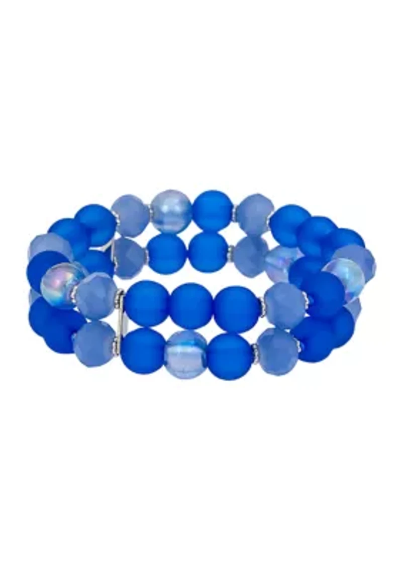 Silver-Tone 2 Row Multi Blue Beaded Stretch Bracelet