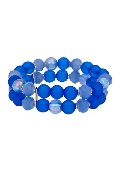 Silver-Tone 2 Row Multi  Blue Beaded Stretch Bracelet