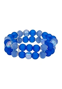 Silver-Tone 2 Row Multi  Blue Beaded Stretch Bracelet