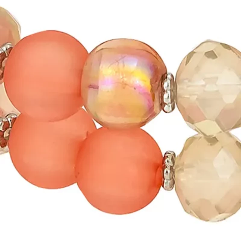 Silver Tone 2 Row Coral Beaded Stretch Bracelet