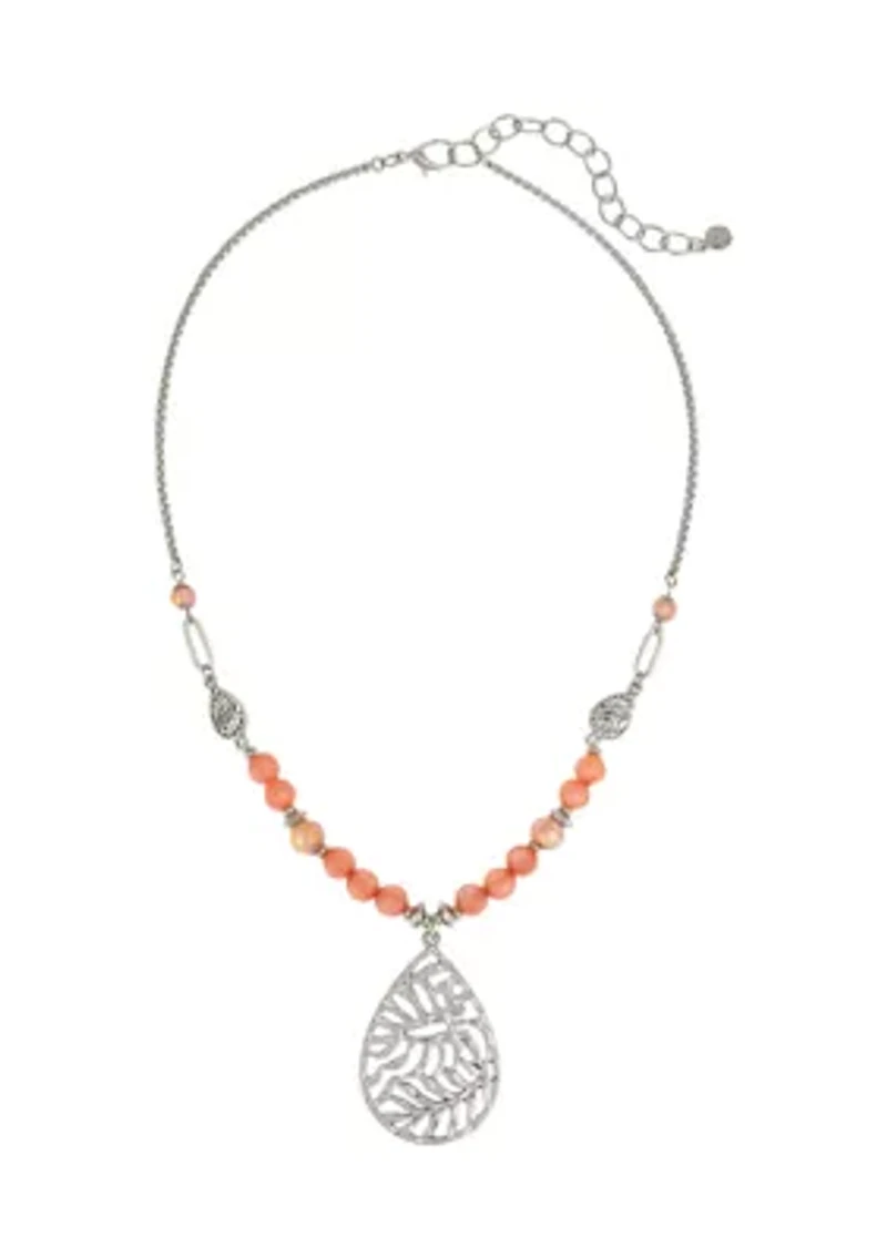 Silver Tone Coral Bead Frontal Necklace 