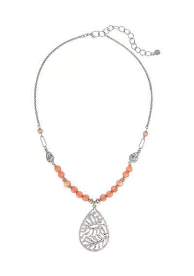 Silver Tone Coral Bead Frontal Necklace 