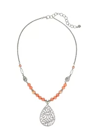 Silver Tone Coral Bead Frontal Necklace 