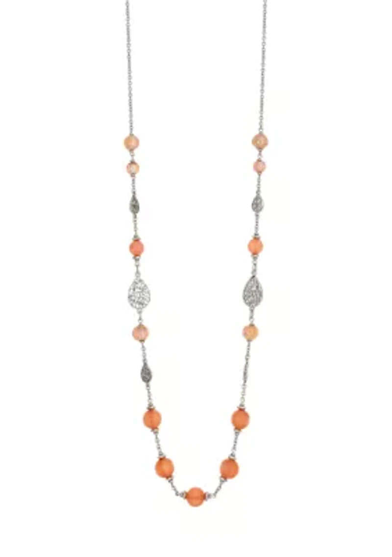 Silver Tone Long Linked Coral Bead and Filigree Silver Tone Teardrop Stations Necklace