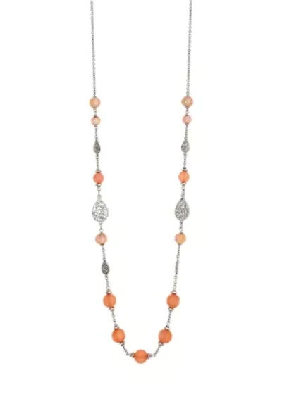 Silver Tone Long Linked Coral Bead and Filigree Silver Tone Teardrop Stations Necklace 