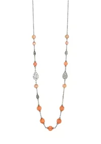 Silver Tone Long Linked Coral Bead and Filigree Silver Tone Teardrop Stations Necklace 