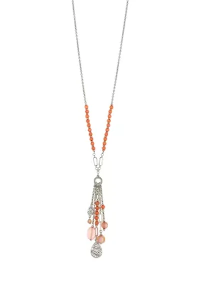 Silver Tone Long Coral Bead Chain and Tassel Necklace 
