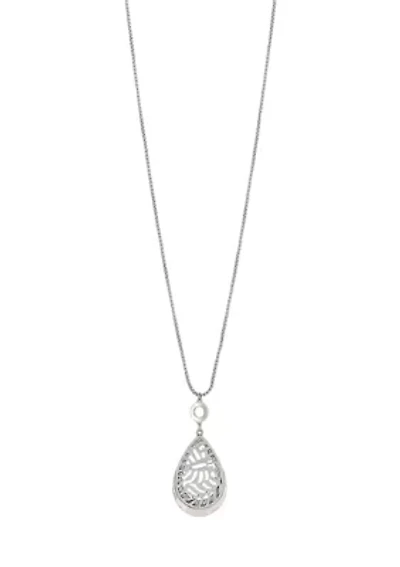Silver Tone Long Chain with Filigree Teardrop Pendant Necklace